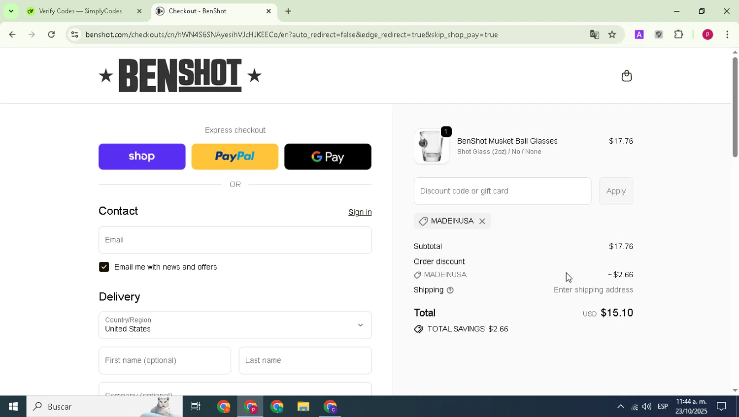 BenShot discount code screenshot showing code MADEINUSA applied at BenShot checkout page. Uploaded by SimplyCodes community member Paul_Skenes on Oct 23, 2025