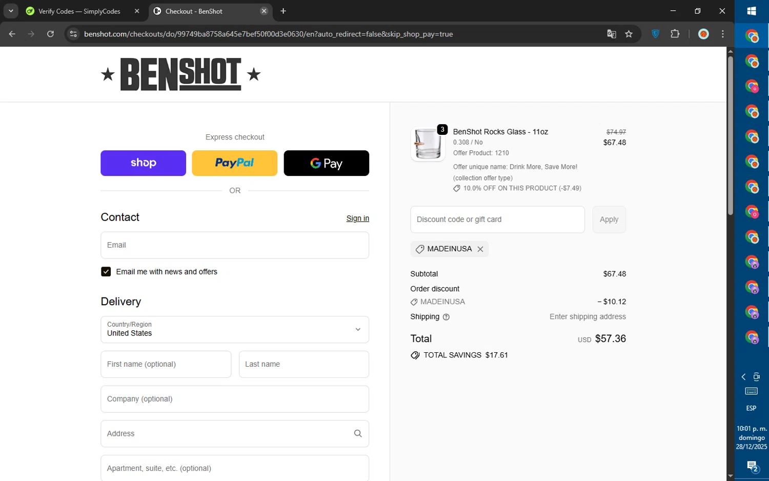 BenShot discount code screenshot showing code MADEINUSA applied at BenShot checkout page. Uploaded by SimplyCodes community member SalePhoenix823 on Dec 29, 2025