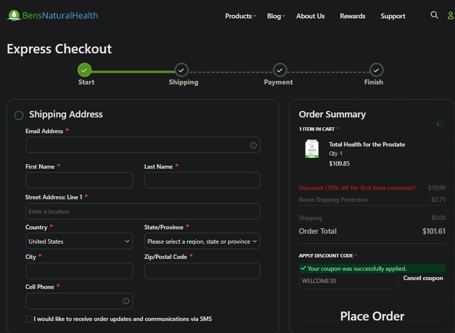 Ben's Natural Health promo code screenshot showing code WELCOME10 applied at Ben's Natural Health checkout page. Uploaded by SimplyCodes community member idkxxx on Feb 3, 2025