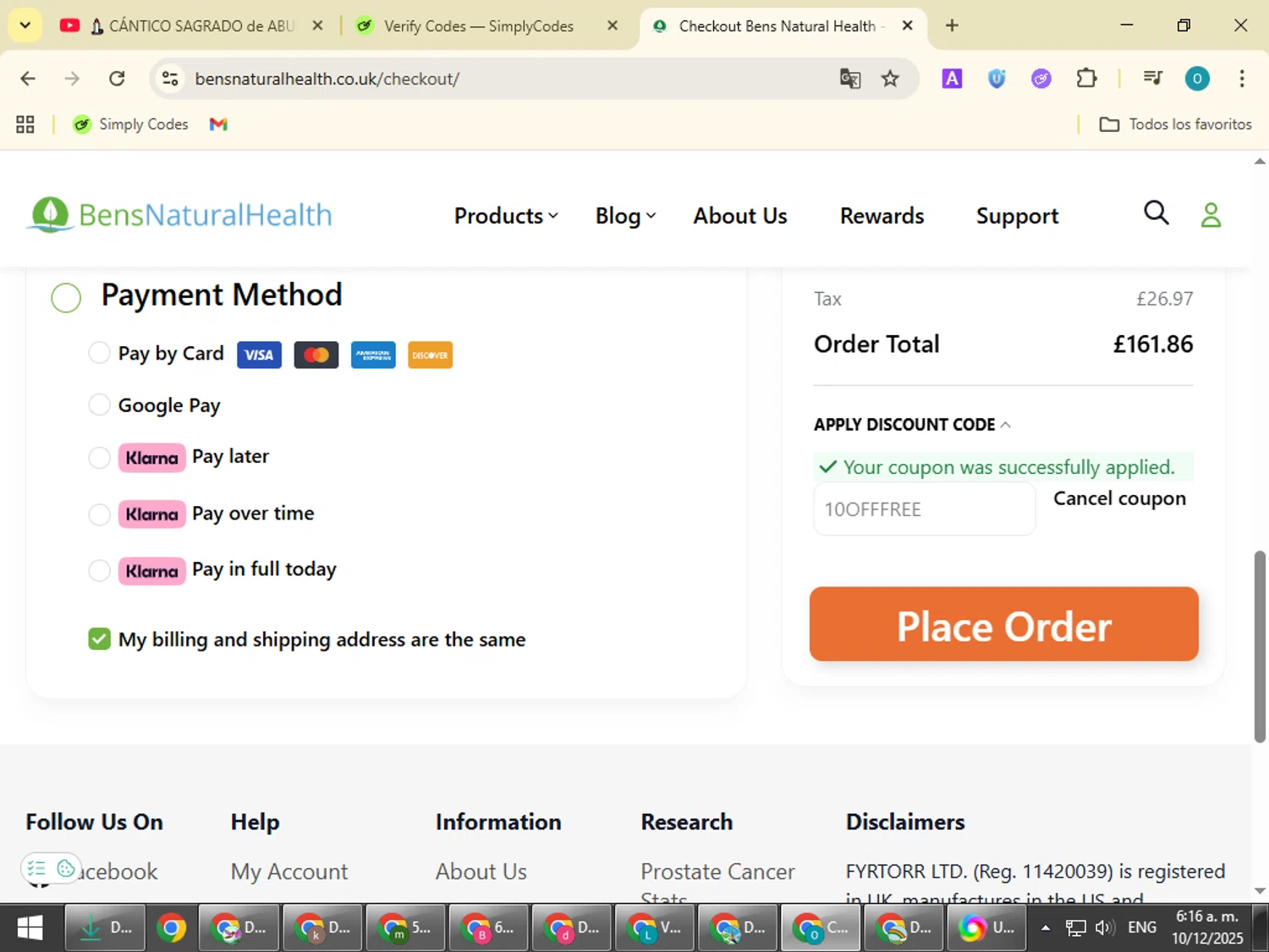 Ben's Natural Health promo code screenshot showing code 10OFFFREE applied at Ben's Natural Health checkout page. Uploaded by SimplyCodes community member BudgetSeeker9524 on Dec 10, 2025