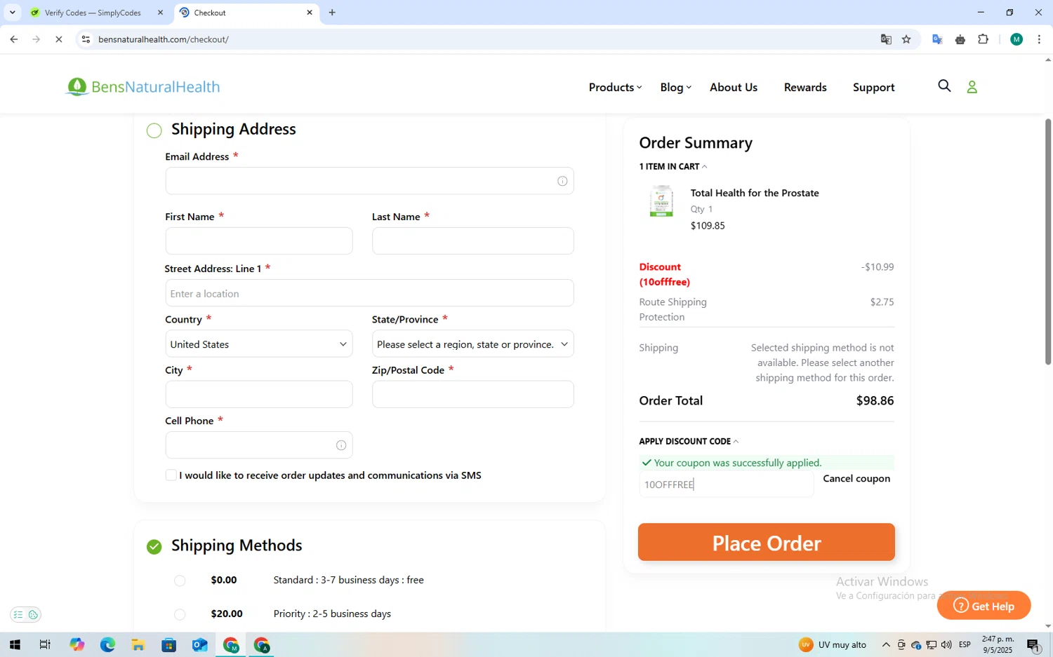 Ben's Natural Health promo code screenshot showing code 10OFFFREE applied at Ben's Natural Health checkout page. Uploaded by SimplyCodes community member mariaauxiliadorahen on May 9, 2025