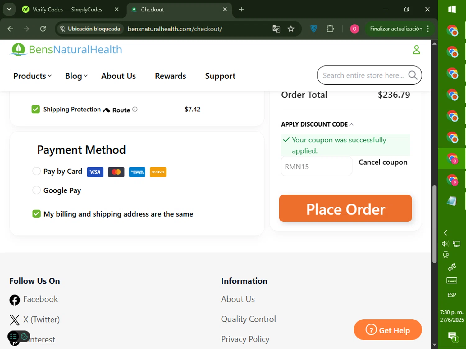 Ben's Natural Health promo code screenshot showing code RMN15 applied at Ben's Natural Health checkout page. Uploaded by SimplyCodes community member LegendaryRanger6350 on Jun 27, 2025