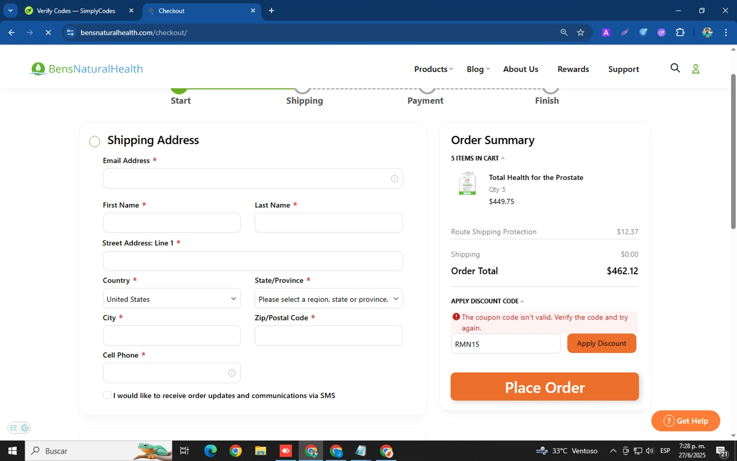 Ben's Natural Health promo code screenshot showing code RMN15 applied at Ben's Natural Health checkout page. Uploaded by SimplyCodes community member XemoGOD on Jun 27, 2025