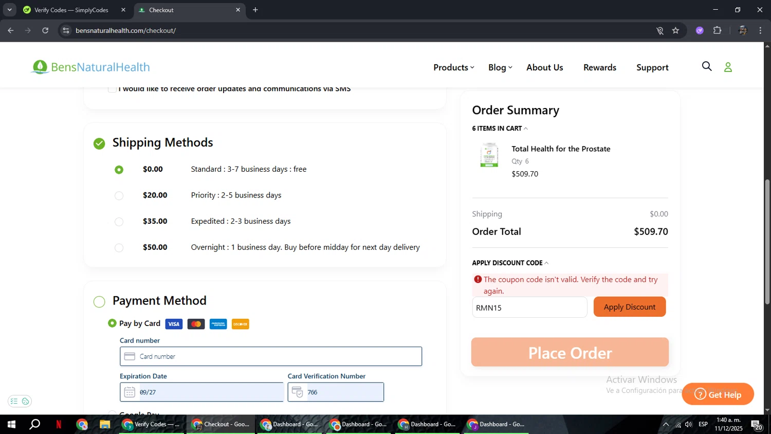 Ben's Natural Health promo code screenshot showing code RMN15 applied at Ben's Natural Health checkout page. Uploaded by SimplyCodes community member xxdddd on Dec 11, 2025