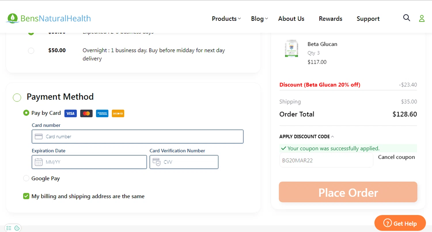 Ben's Natural Health checkout page showing Ben's Natural Health promo code box | Screenshot taken by SimplyCodes community member on Dec 6, 2025