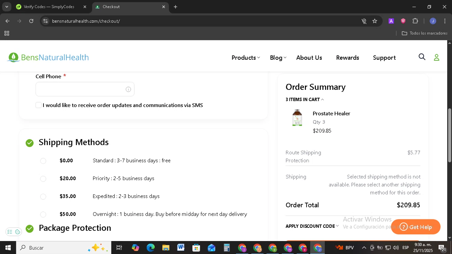 Ben's Natural Health promo code screenshot showing code CHIEF10 applied at Ben's Natural Health checkout page. Uploaded by SimplyCodes community member EpicSage3474 on Nov 25, 2025