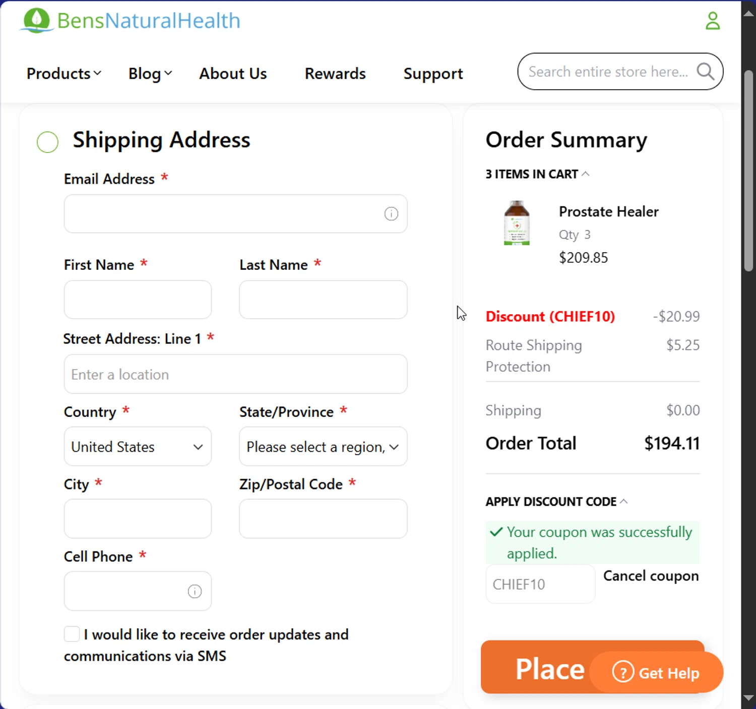 Ben's Natural Health promo code screenshot showing code CHIEF10 applied at Ben's Natural Health checkout page. Uploaded by SimplyCodes community member Raibelys_18 on May 9, 2025