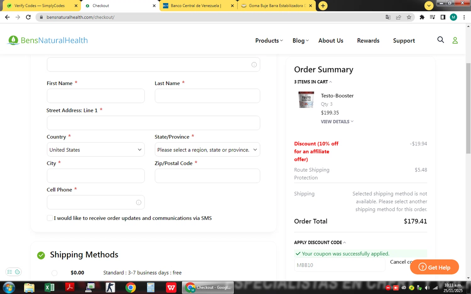 Ben's Natural Health promo code screenshot showing code MBB10 applied at Ben's Natural Health checkout page. Uploaded by SimplyCodes community member QuestSage1300 on Nov 25, 2025