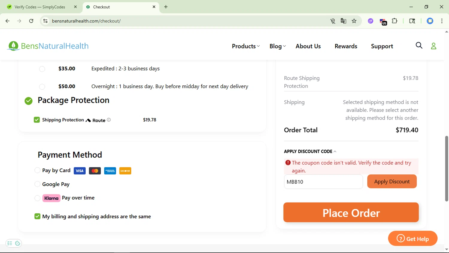 Ben's Natural Health promo code screenshot showing code MBB10 applied at Ben's Natural Health checkout page. Uploaded by SimplyCodes community member davidguardia on Nov 25, 2025