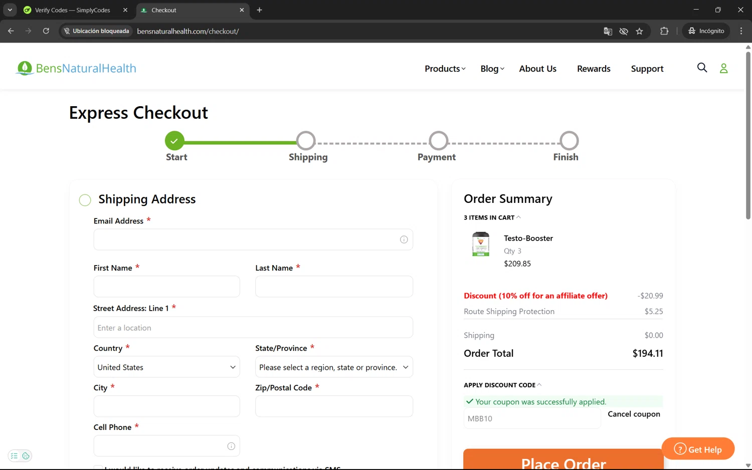 Ben's Natural Health promo code screenshot showing code MBB10 applied at Ben's Natural Health checkout page. Uploaded by SimplyCodes community member juan1702 on May 9, 2025