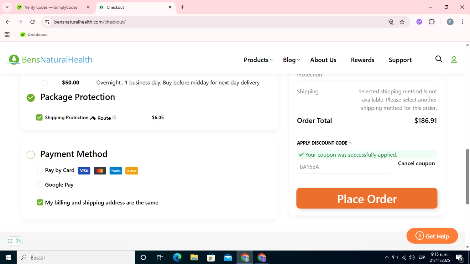 Ben's Natural Health checkout page showing Ben's Natural Health promo code box | Screenshot taken by SimplyCodes community member on Nov 21, 2025
