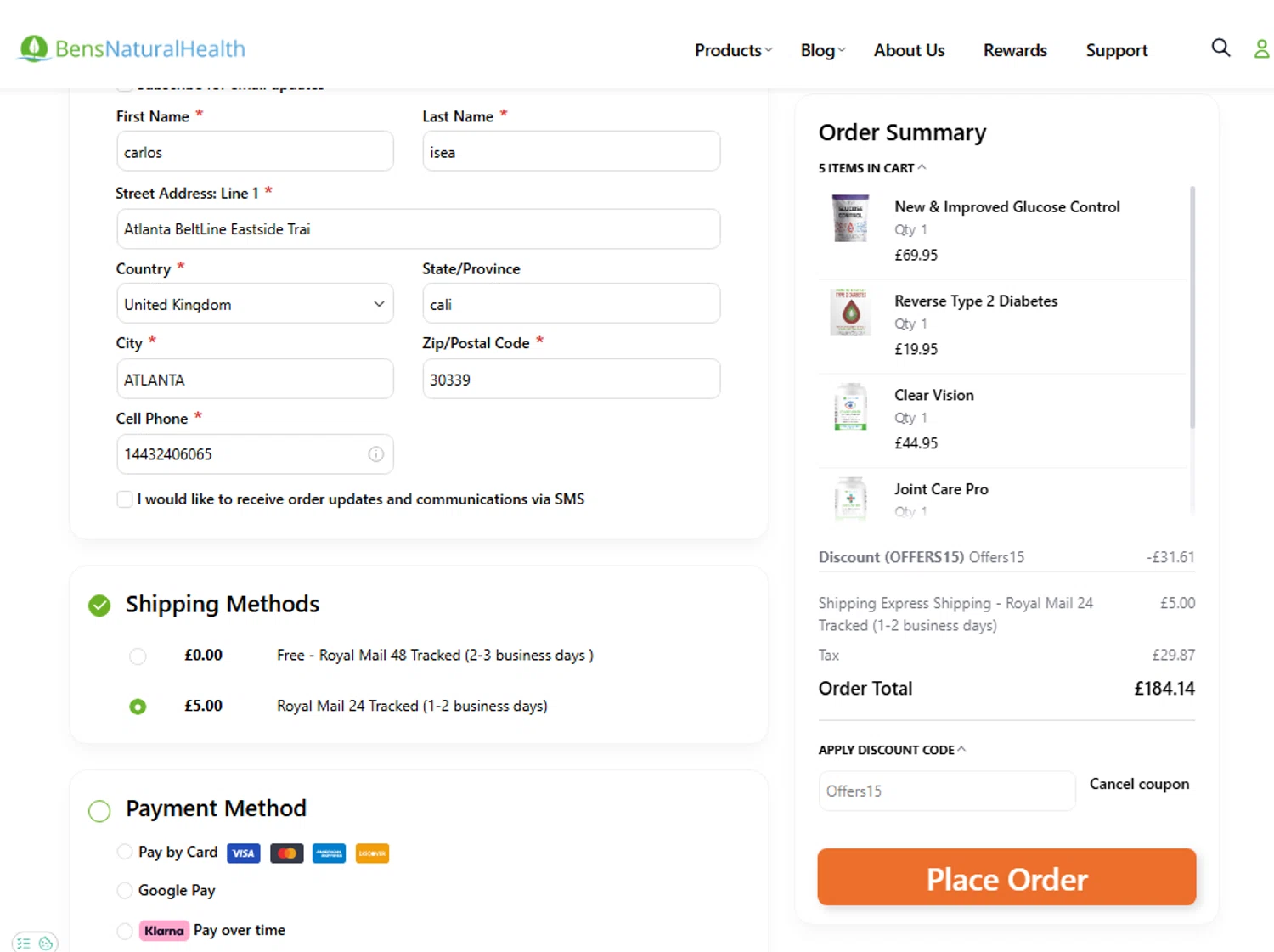 Ben's Natural Health checkout page showing Ben's Natural Health promo code box | Screenshot taken by SimplyCodes community member on Nov 14, 2025