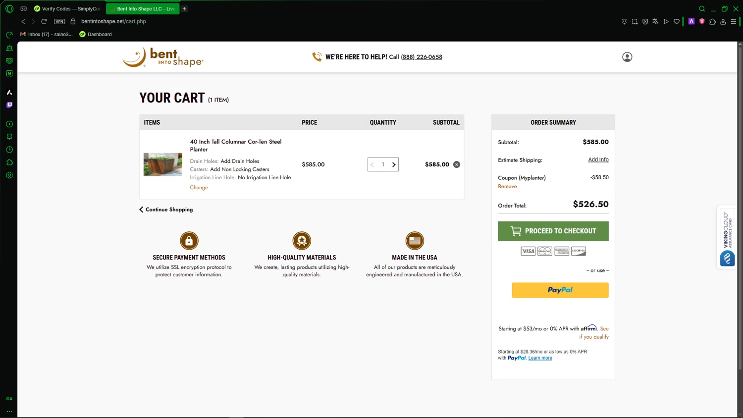 Bent Into Shape promo code screenshot showing code MyPlanter applied at Bent Into Shape checkout page. Uploaded by SimplyCodes community member LegendaryCaptain2435 on Mar 21, 2026