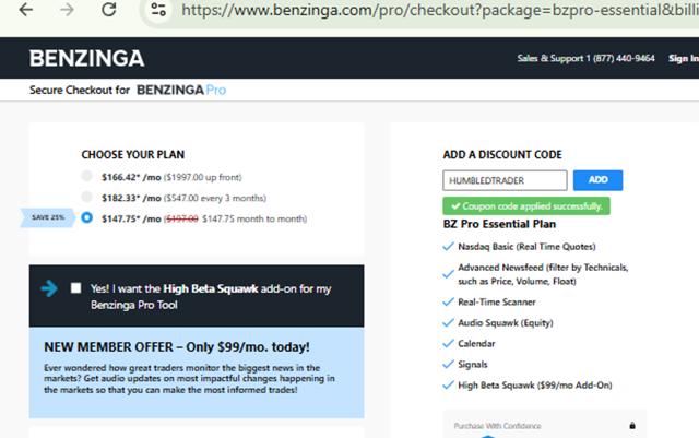 Benzinga checkout page showing Benzinga coupon code box | Screenshot taken by SimplyCodes community member on Aug 27, 2025