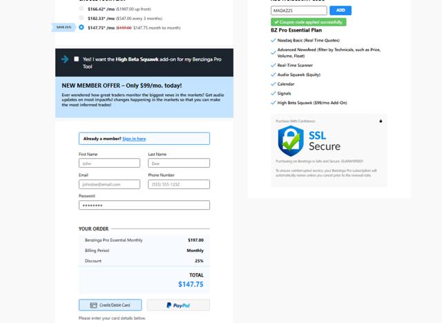 Benzinga checkout page showing Benzinga coupon code box | Screenshot taken by SimplyCodes community member on Aug 13, 2025