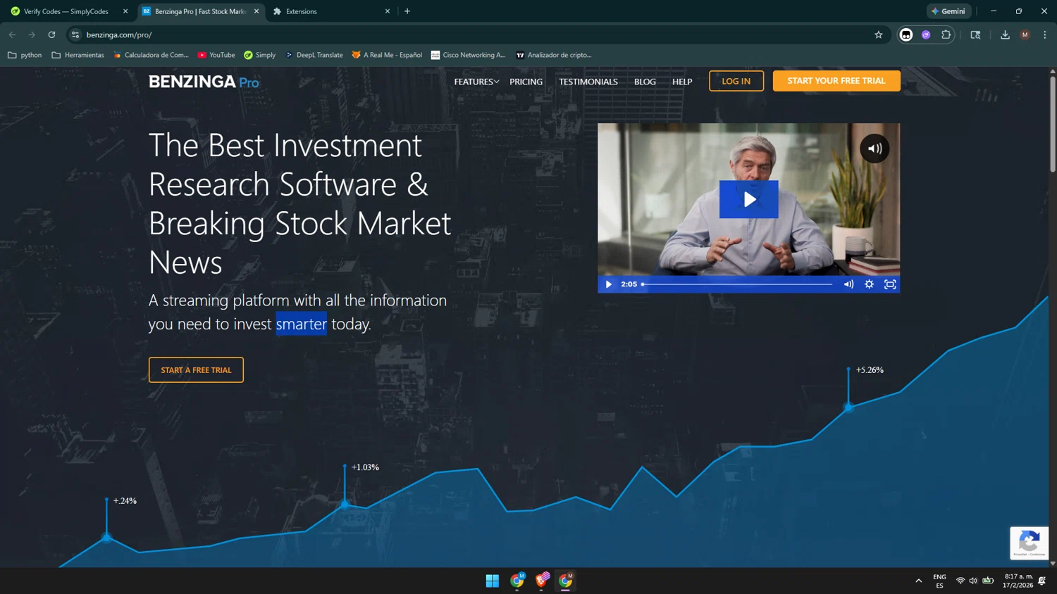 Benzinga Pro promo code screenshot showing code SMARTER applied at Benzinga Pro checkout page. Uploaded by SimplyCodes community member Maocar on Feb 17, 2026