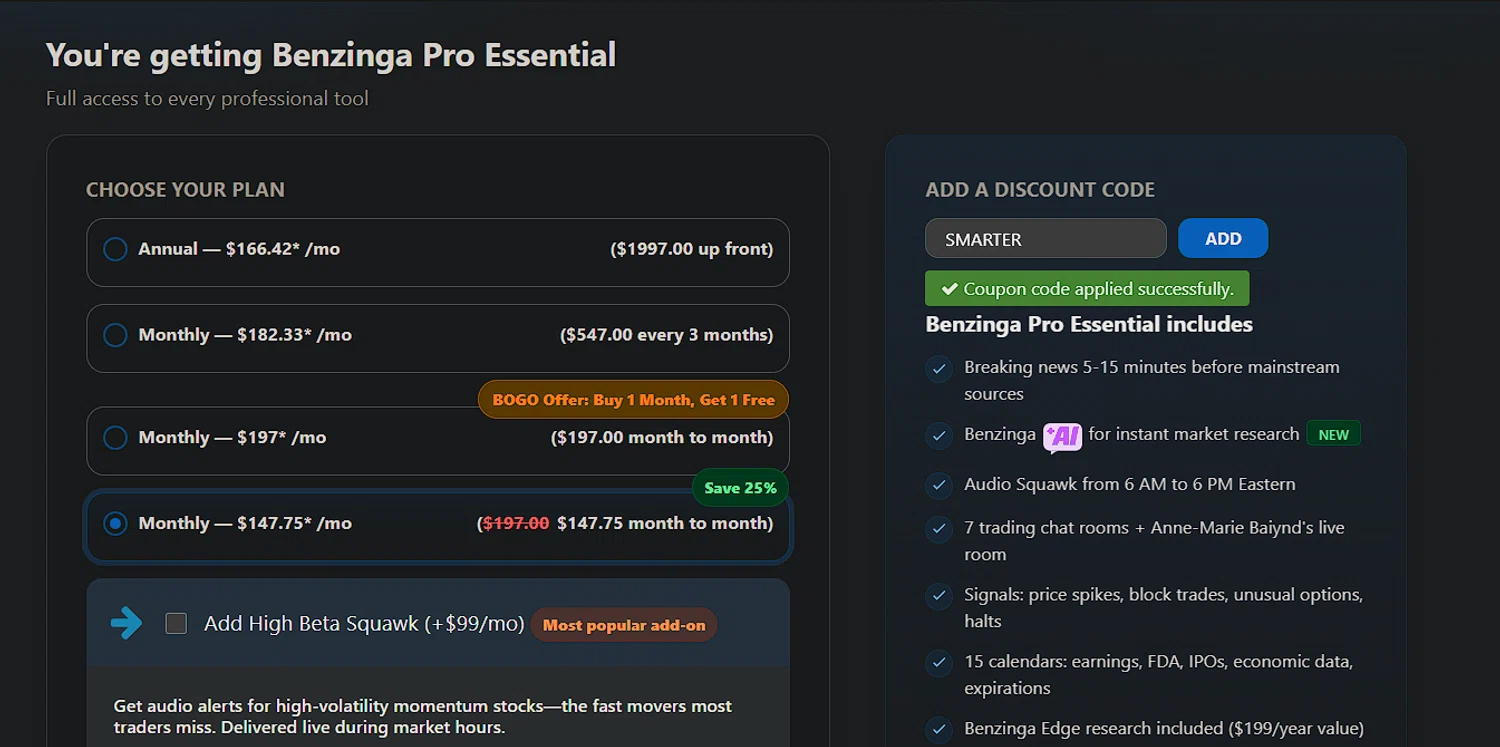 Benzinga Pro promo code screenshot showing code SMARTER applied at Benzinga Pro checkout page. Uploaded by SimplyCodes community member tipicoprota on Dec 21, 2025