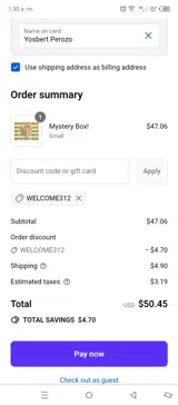 WELCOME312 coupon verification screenshot