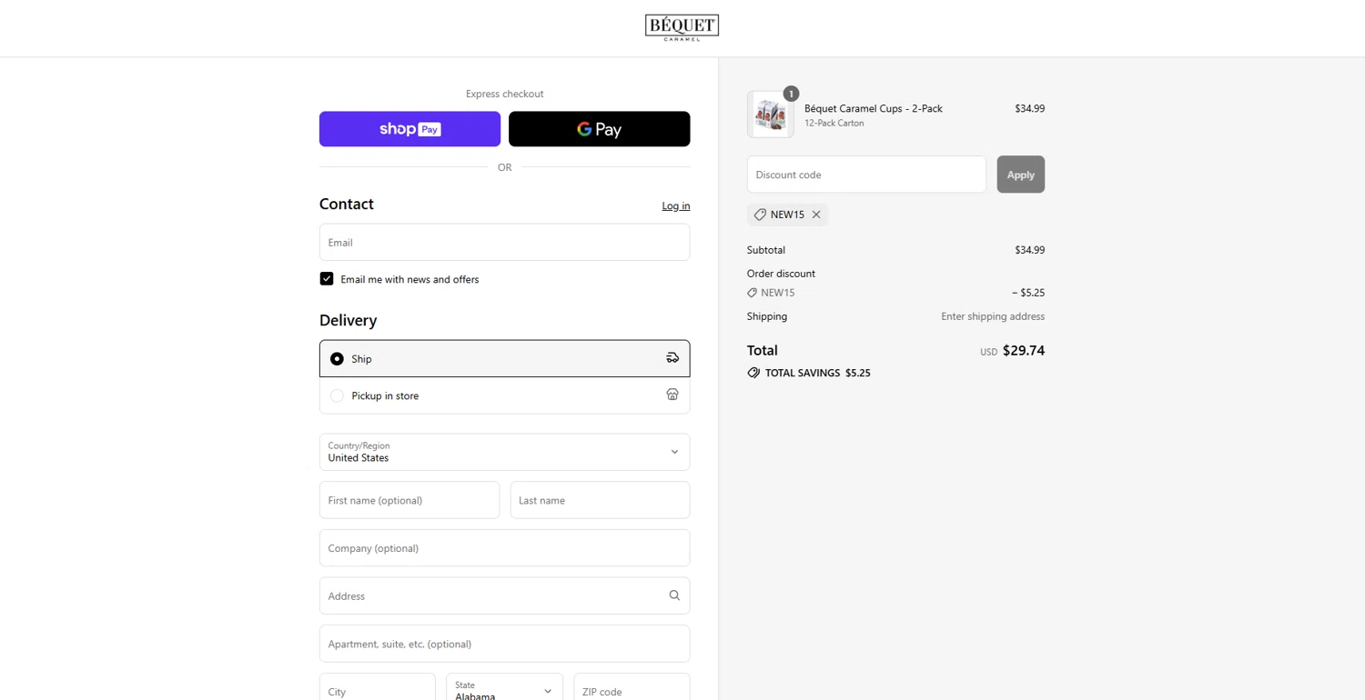 Bequet Confections coupon code screenshot showing code NEW15 applied at Bequet Confections checkout page. Uploaded by SimplyCodes community member CashOwl3827 on Jul 16, 2025