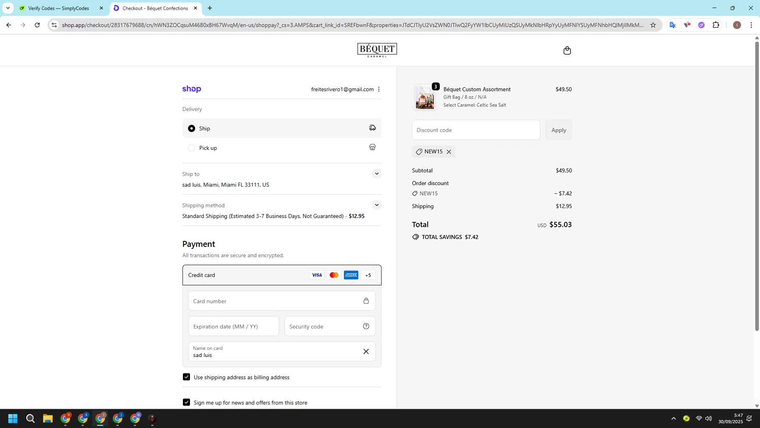 Bequet Confections coupon code screenshot showing code NEW15 applied at Bequet Confections checkout page. Uploaded by SimplyCodes community member CashSleuth106 on Sep 30, 2025