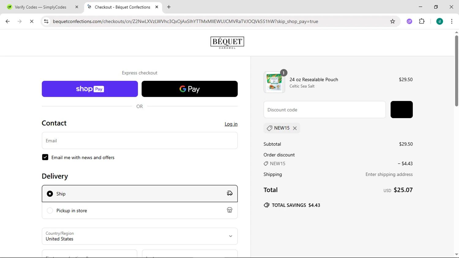 Bequet Confections coupon code screenshot showing code NEW15 applied at Bequet Confections checkout page. Uploaded by SimplyCodes community member HEROESCUDA on Jun 17, 2025