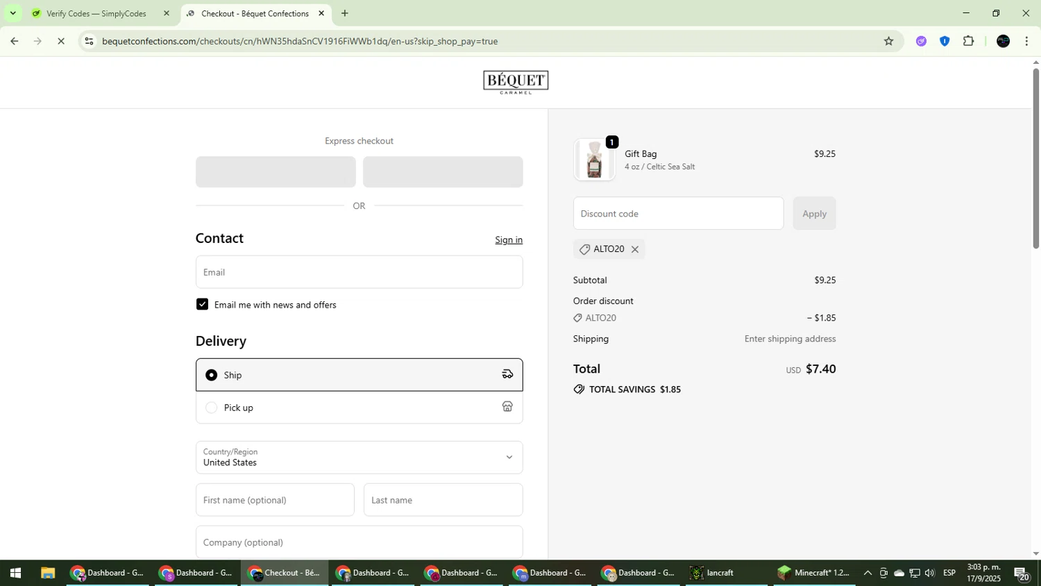 Bequet Confections coupon code screenshot showing code ALTO20 applied at Bequet Confections checkout page. Uploaded by SimplyCodes community member CarmenVGR on Sep 17, 2025