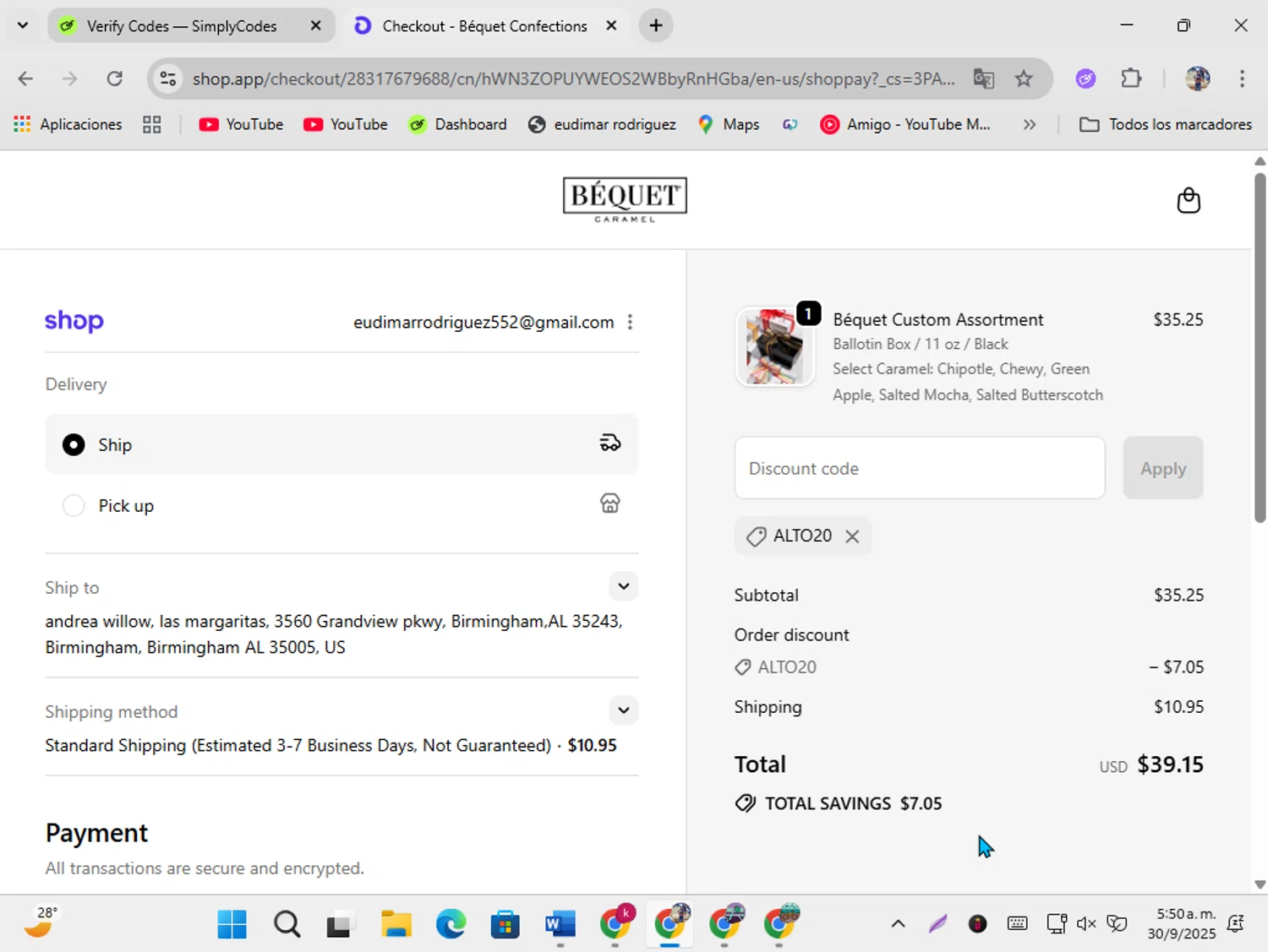 Bequet Confections coupon code screenshot showing code ALTO20 applied at Bequet Confections checkout page. Uploaded by SimplyCodes community member ShrewdSeeker5445 on Sep 30, 2025