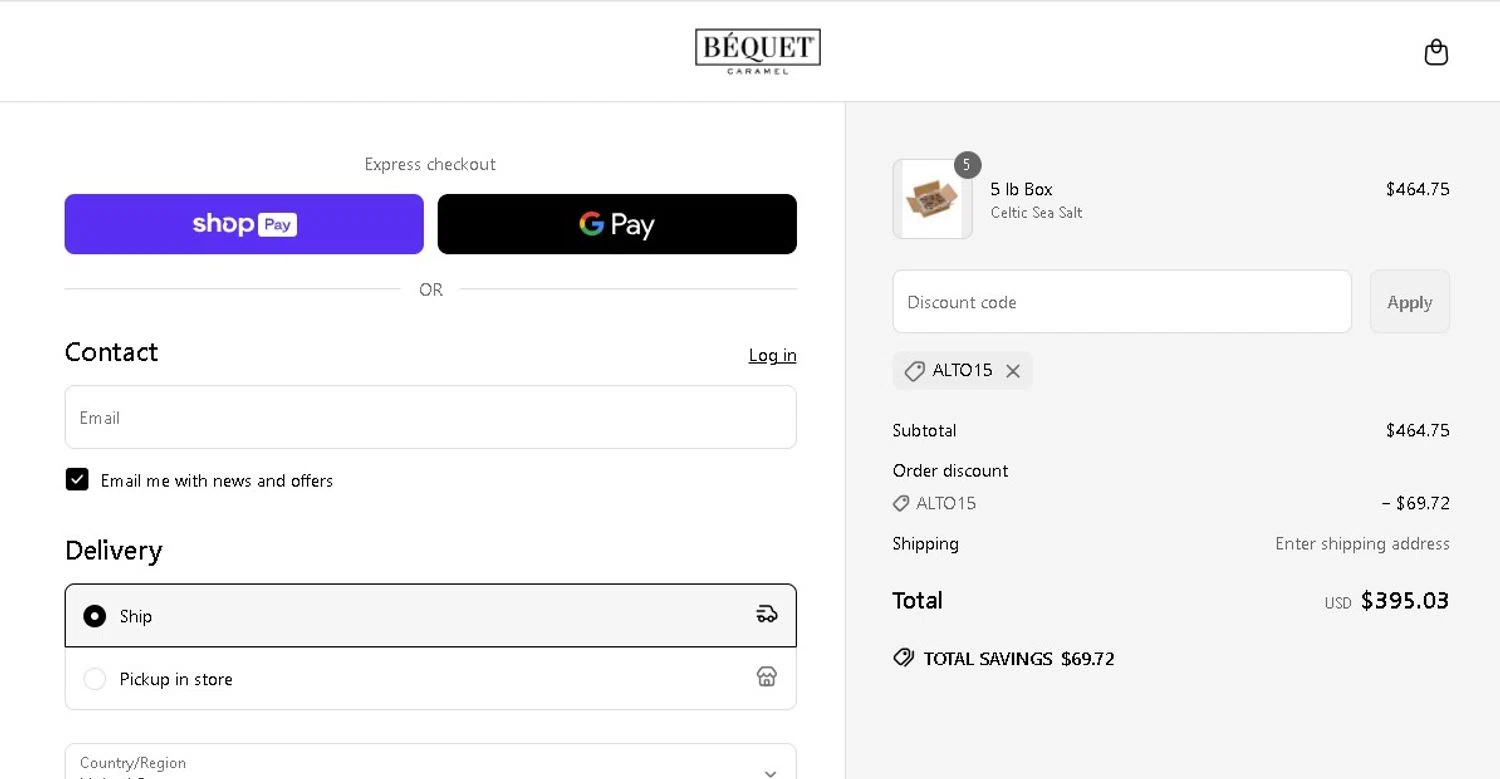 Bequet Confections coupon code screenshot showing code ALTO15 applied at Bequet Confections checkout page. Uploaded by SimplyCodes community member LAMINEJAMAL on Apr 9, 2025