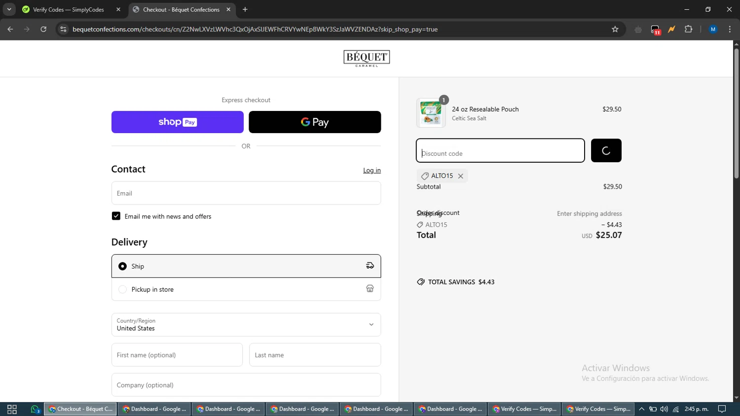 Bequet Confections coupon code screenshot showing code ALTO15 applied at Bequet Confections checkout page. Uploaded by SimplyCodes community member EpicVoyager2820 on Apr 9, 2025