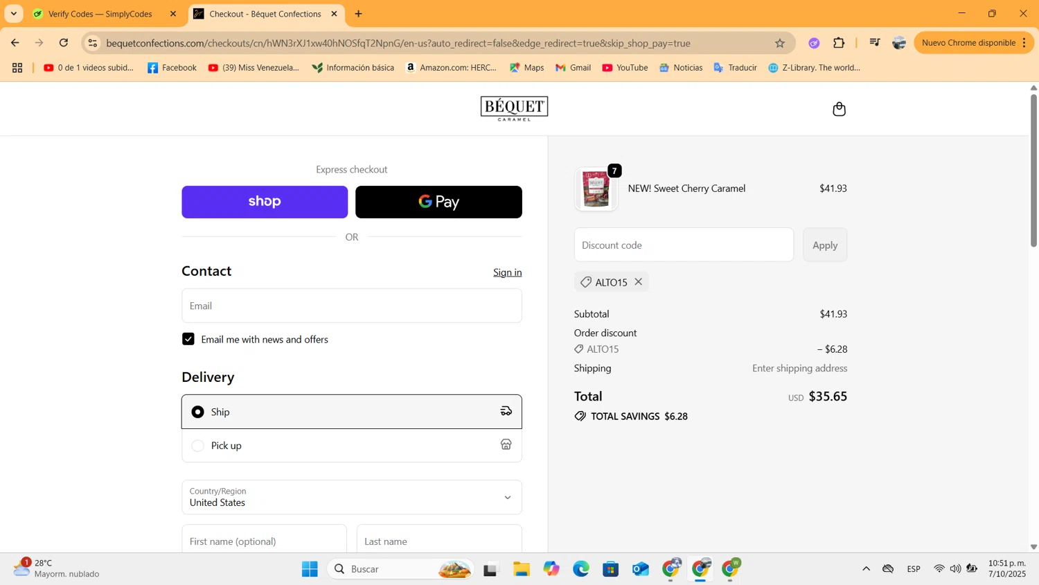 Bequet Confections coupon code screenshot showing code ALTO15 applied at Bequet Confections checkout page. Uploaded by SimplyCodes community member jessrodrguez2 on Oct 8, 2025