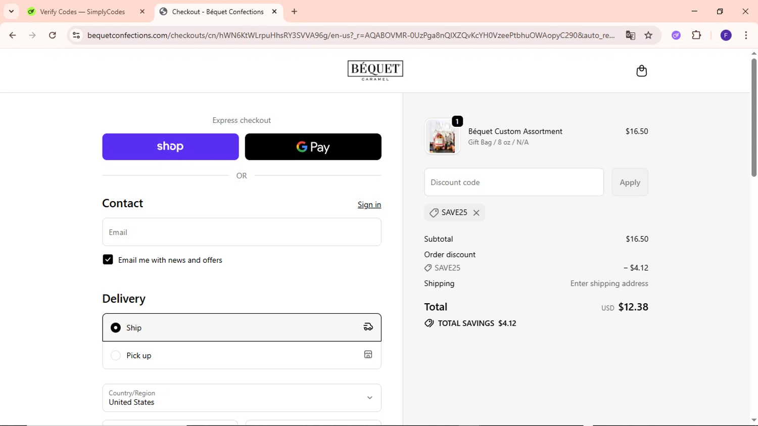 Bequet Confections coupon code screenshot showing code SAVE25 applied at Bequet Confections checkout page. Uploaded by SimplyCodes community member MightyCaptain635 on Dec 12, 2025
