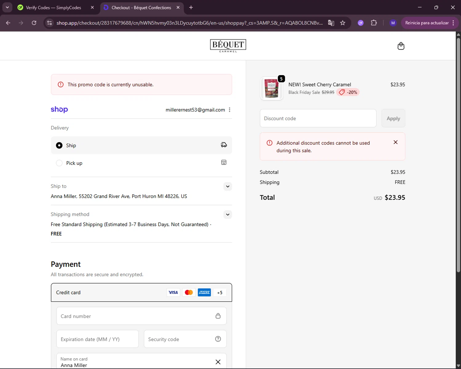 Bequet Confections coupon code screenshot showing code SAVE25 applied at Bequet Confections checkout page. Uploaded by SimplyCodes community member RewardLynx5307 on Nov 25, 2025