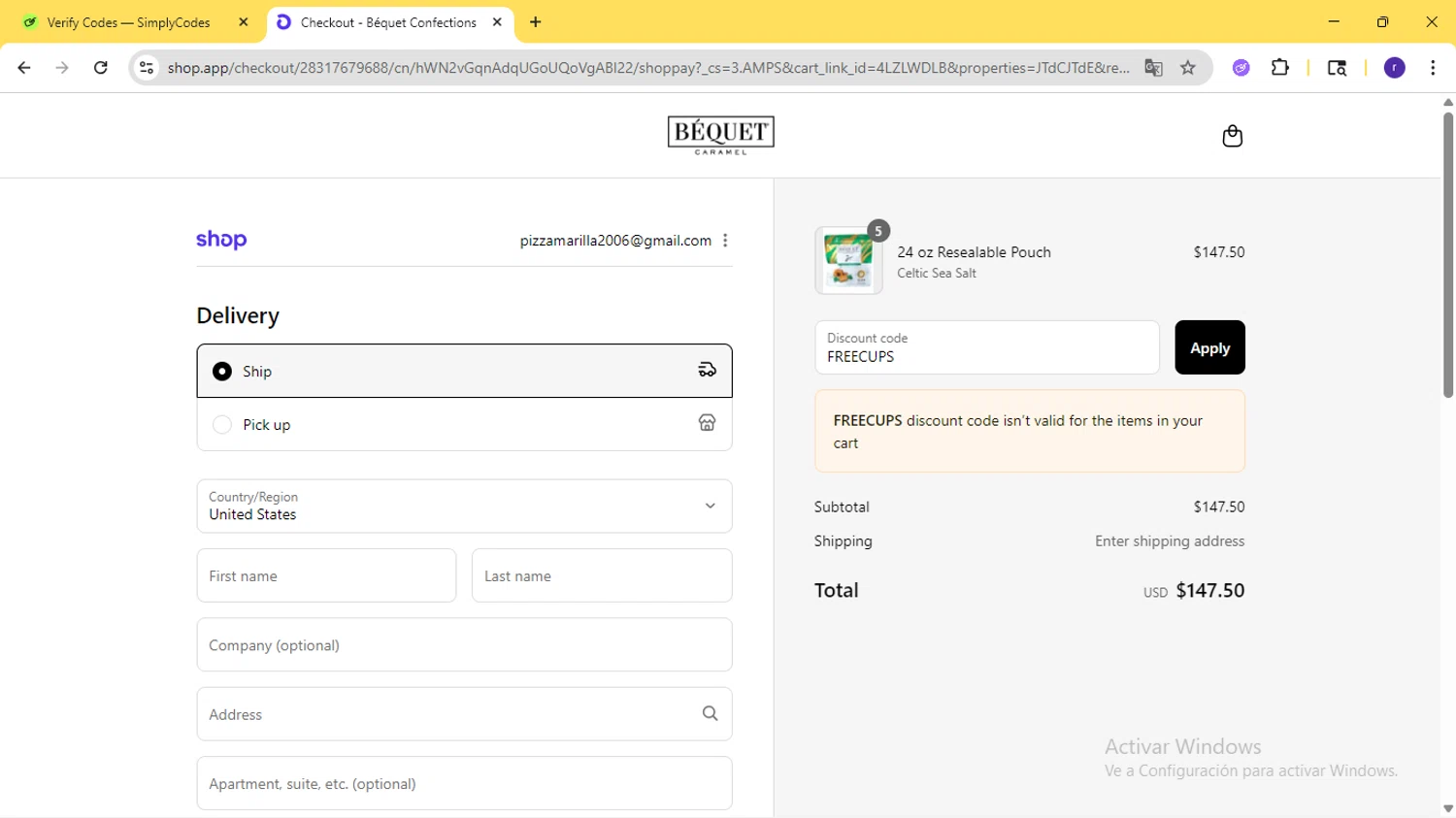 Bequet Confections coupon code screenshot showing code FREECUPS applied at Bequet Confections checkout page. Uploaded by SimplyCodes community member AberthGotopo on Sep 13, 2025