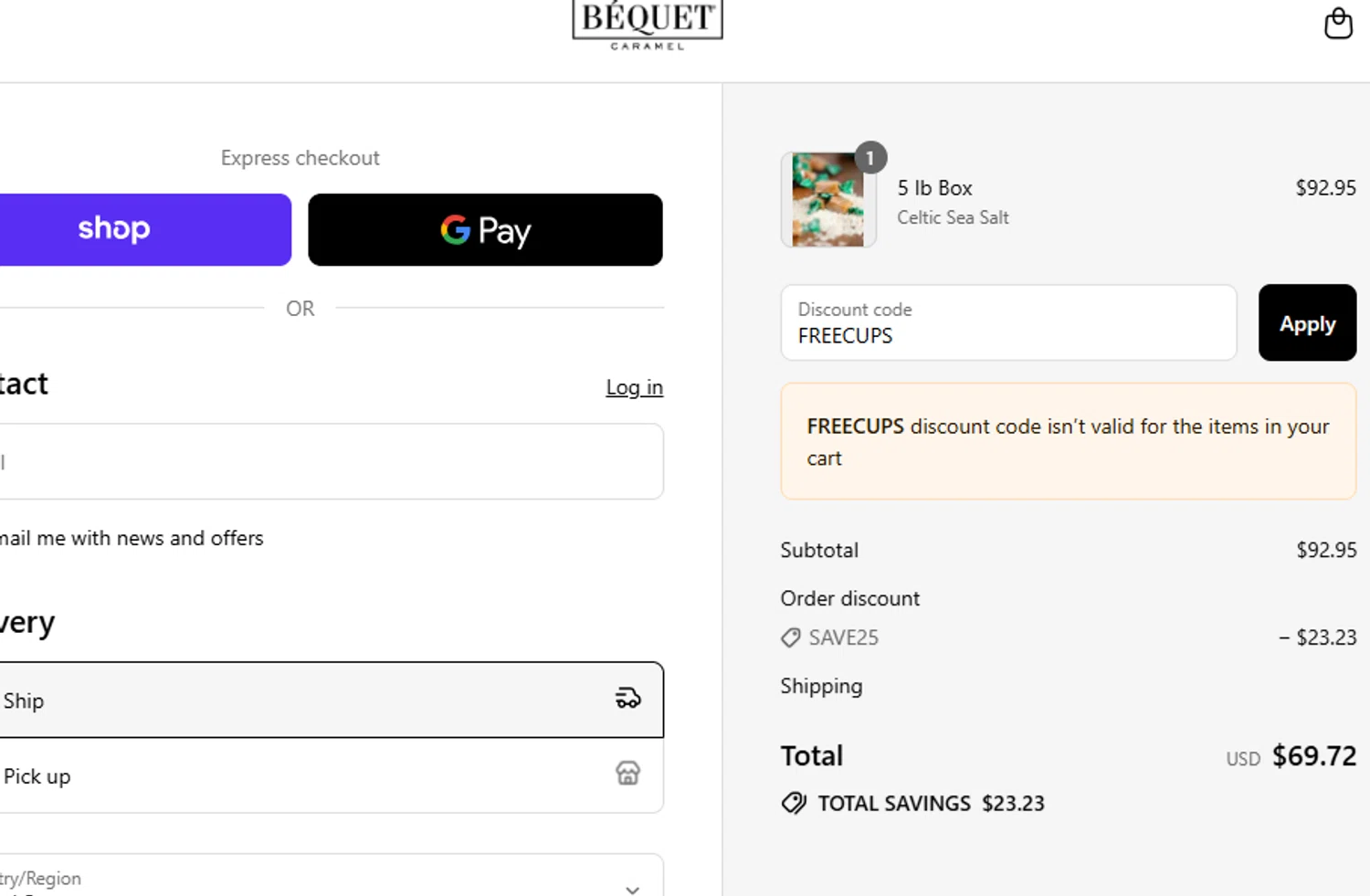 Bequet Confections coupon code screenshot showing code FREECUPS applied at Bequet Confections checkout page. Uploaded by SimplyCodes community member ashe1986 on Sep 2, 2025