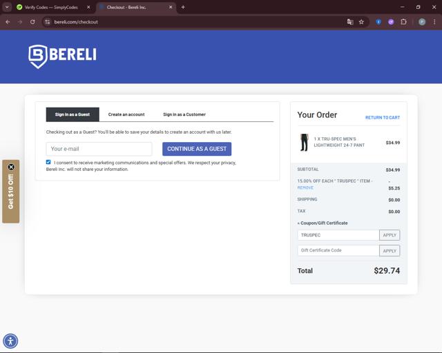 Bereli checkout page showing Bereli coupon code box | Screenshot taken by SimplyCodes community member on Aug 30, 2025