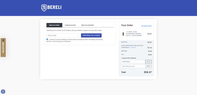 Bereli checkout page showing Bereli coupon code box | Screenshot taken by SimplyCodes community member on Jul 26, 2025