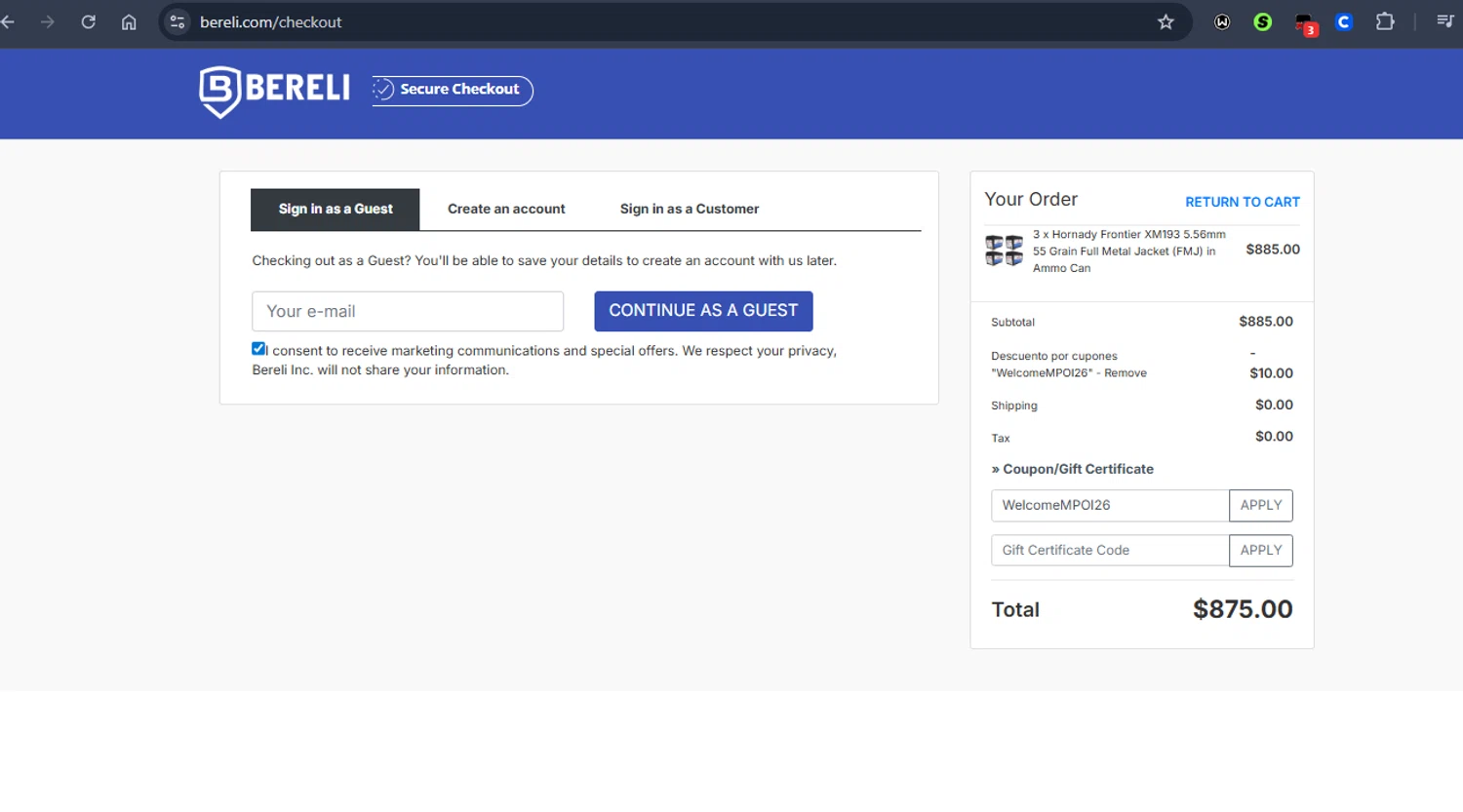 Bereli promo code screenshot showing code WelcomeMPOI26 applied at Bereli checkout page. Uploaded by SimplyCodes community member Jmhernand1 on Jun 7, 2026