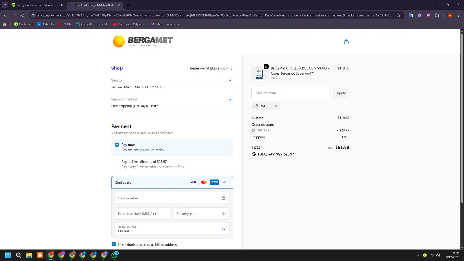 BergaMet North America promo code screenshot showing code TWITTER applied at BergaMet North America checkout page. Uploaded by SimplyCodes community member BudgetShopper182 on Dec 11, 2025