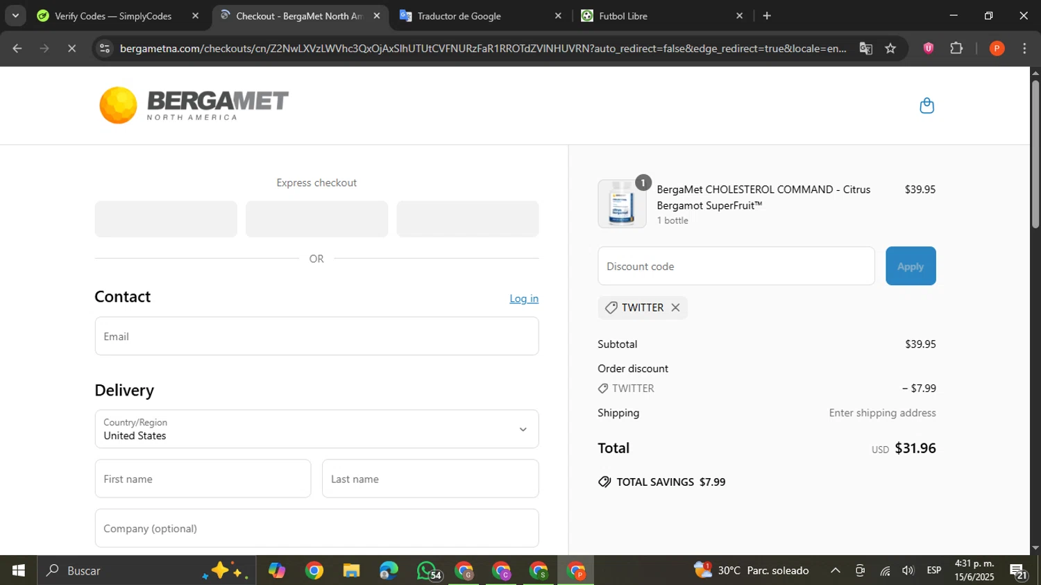 BergaMet North America promo code screenshot showing code TWITTER applied at BergaMet North America checkout page. Uploaded by SimplyCodes community member VictoriousCaptain2658 on Jun 15, 2025