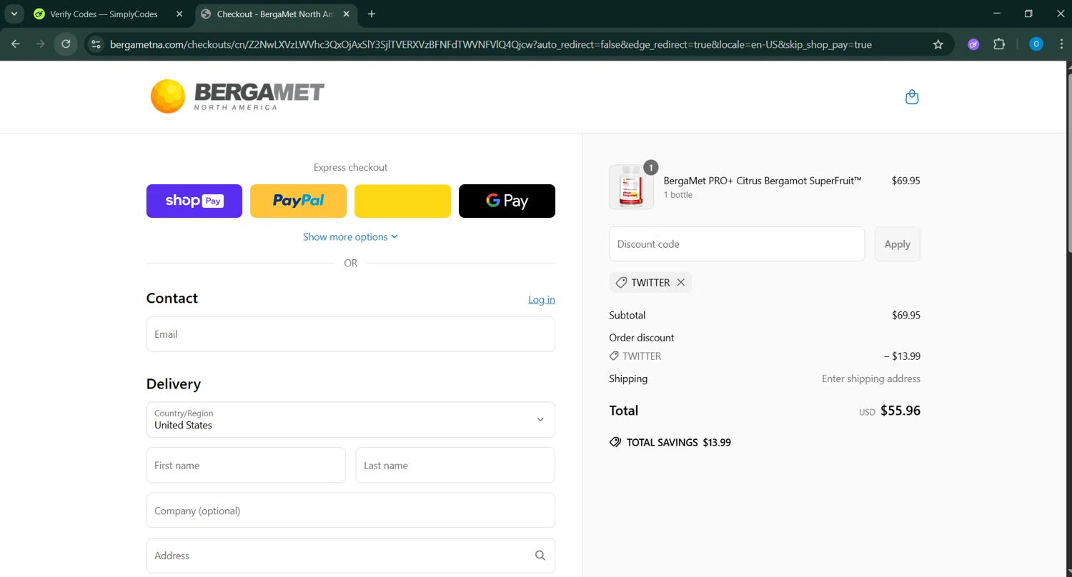BergaMet North America promo code screenshot showing code TWITTER applied at BergaMet North America checkout page. Uploaded by SimplyCodes community member GoldChaser6627 on May 14, 2025
