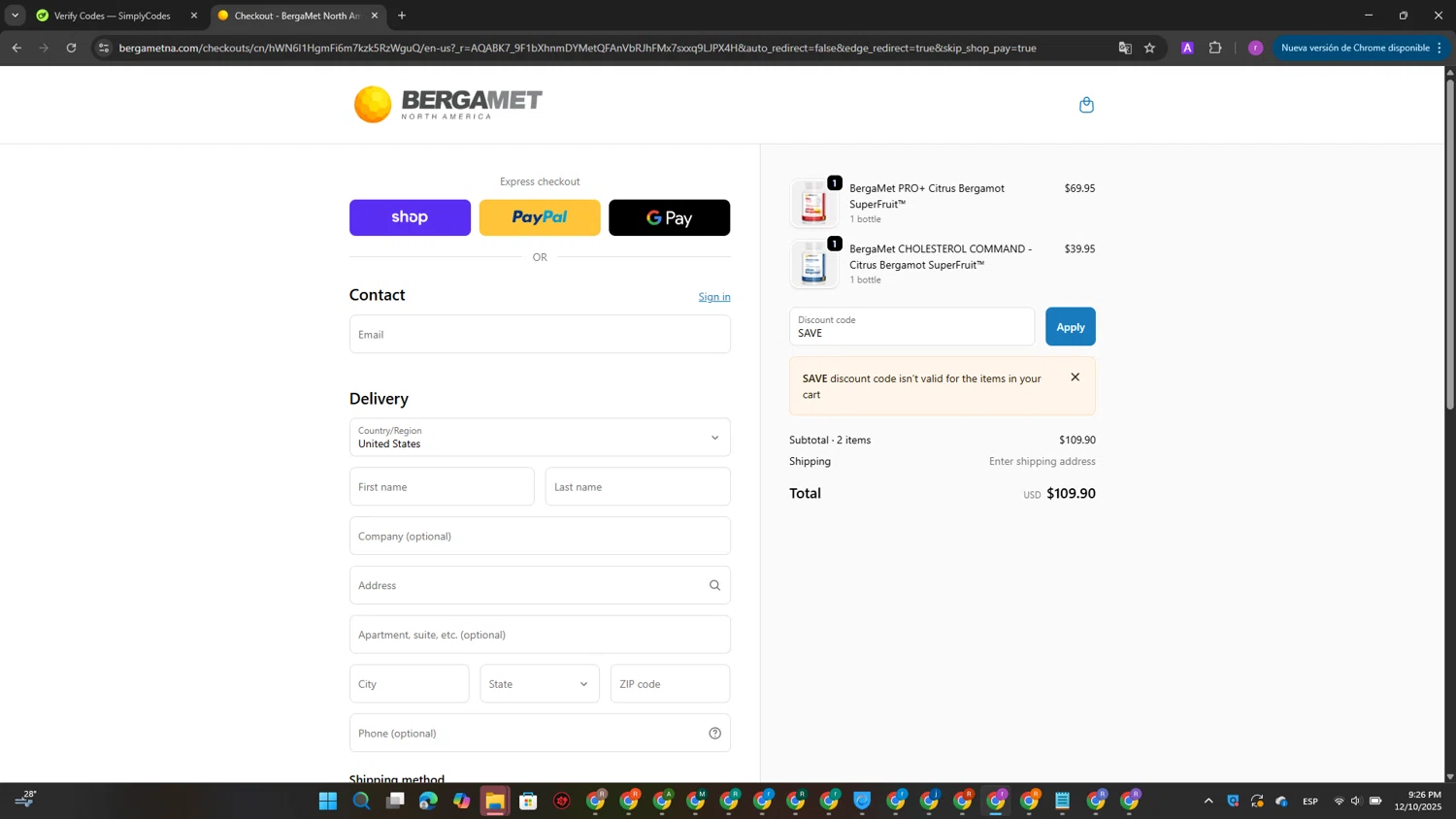 BergaMet North America promo code screenshot showing code SAVE applied at BergaMet North America checkout page. Uploaded by SimplyCodes community member EpicScout8515 on Dec 11, 2025