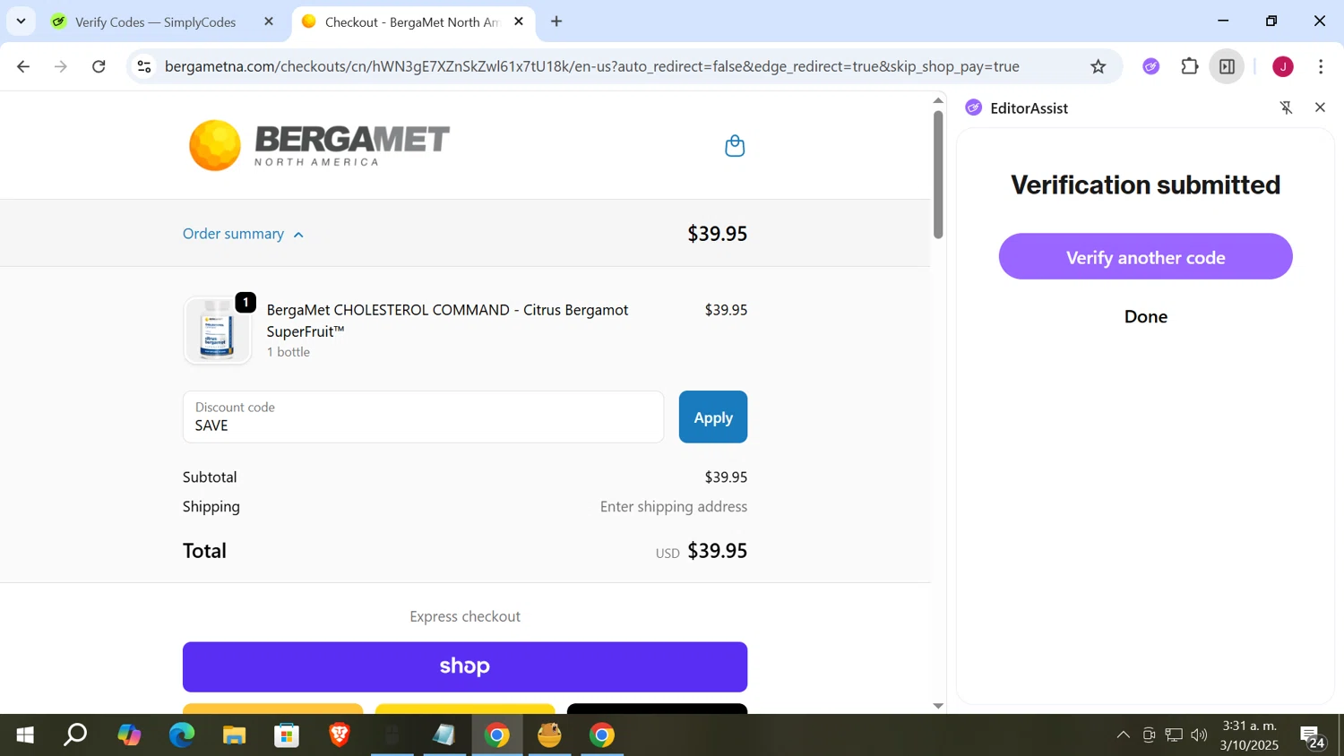 BergaMet North America promo code screenshot showing code SAVE applied at BergaMet North America checkout page. Uploaded by SimplyCodes community member vergil_lains on Oct 3, 2025