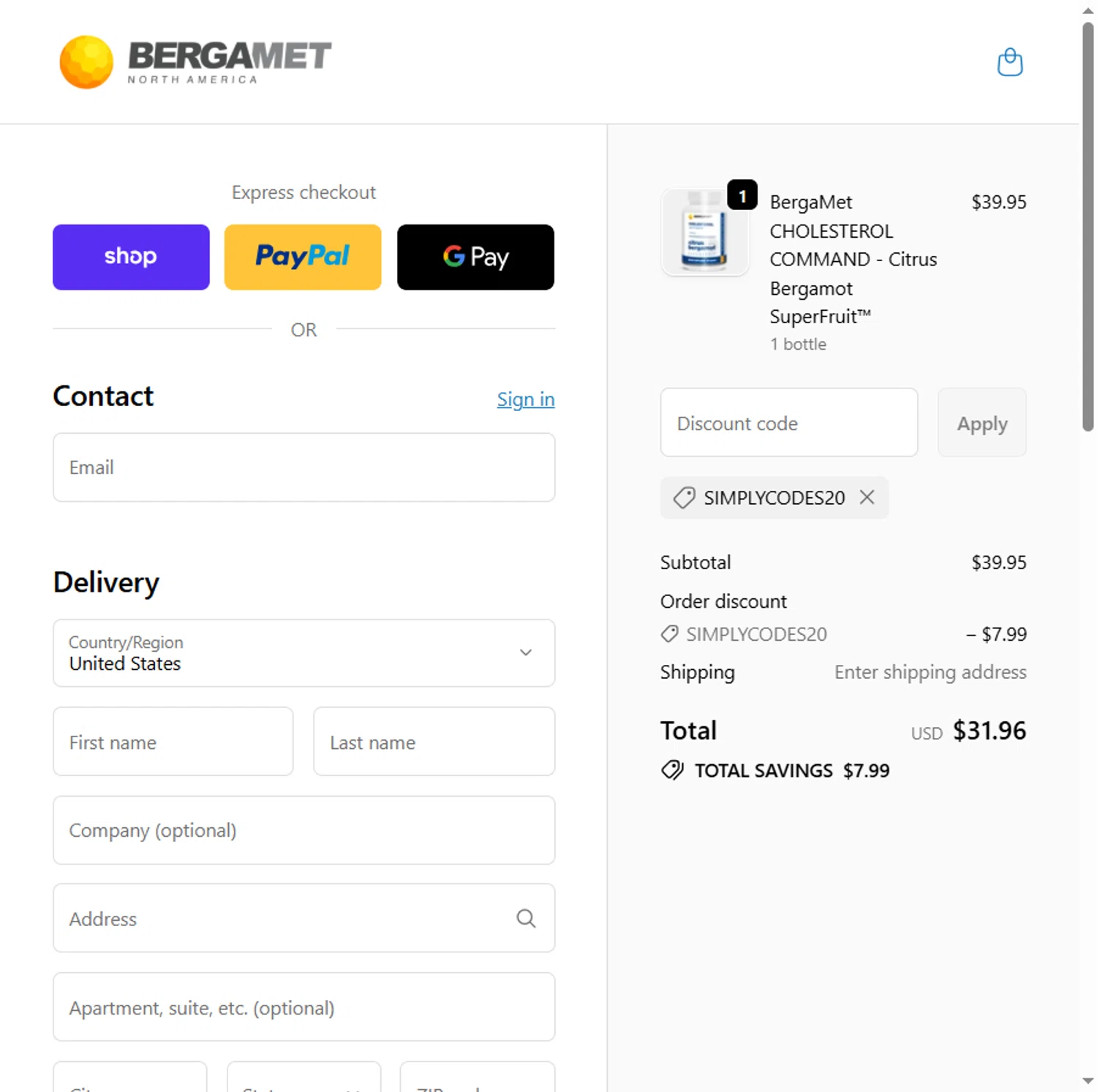 BergaMet North America promo code screenshot showing code SIMPLYCODES20 applied at BergaMet North America checkout page. Uploaded by SimplyCodes community member Beaaalmera on Dec 5, 2025