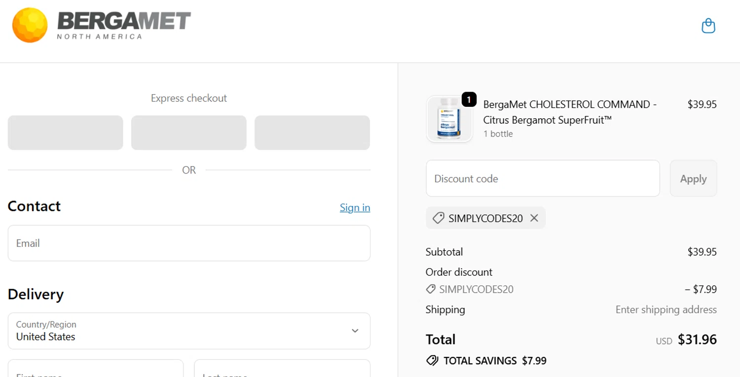 BergaMet North America promo code screenshot showing code SIMPLYCODES20 applied at BergaMet North America checkout page. Uploaded by SimplyCodes community member LegendaryHero6995 on Oct 7, 2025