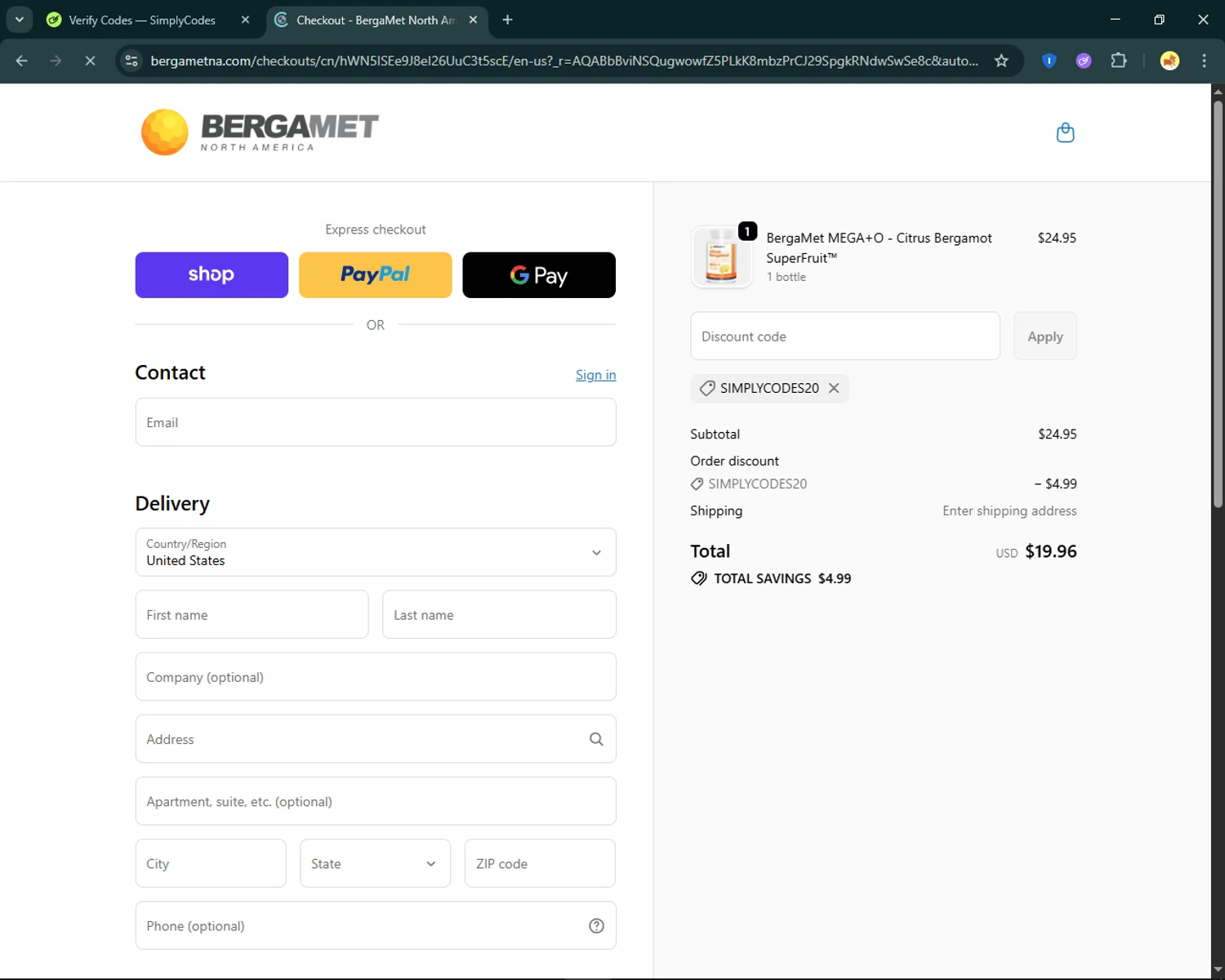 BergaMet North America promo code screenshot showing code SIMPLYCODES20 applied at BergaMet North America checkout page. Uploaded by SimplyCodes community member SmartFinder4193 on Nov 14, 2025