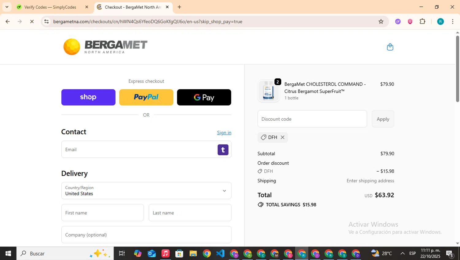 BergaMet North America promo code screenshot showing code DFH applied at BergaMet North America checkout page. Uploaded by SimplyCodes community member BudgetHero4407 on Oct 23, 2025