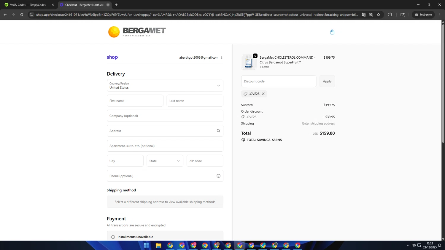 BergaMet North America promo code screenshot showing code LOVE25 applied at BergaMet North America checkout page. Uploaded by SimplyCodes community member CRF250CC on Dec 23, 2025