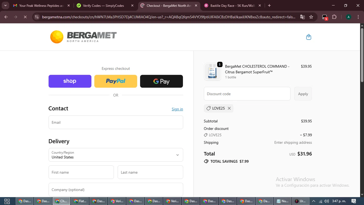 BergaMet North America checkout page showing BergaMet North America promo code box | Screenshot taken by SimplyCodes community member on Jan 7, 2026