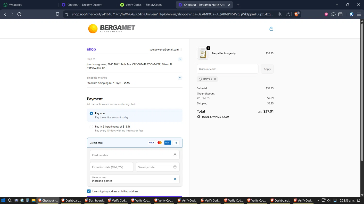 BergaMet North America promo code screenshot showing code LOVE25 applied at BergaMet North America checkout page. Uploaded by SimplyCodes community member SimplyGOAT on Dec 5, 2025