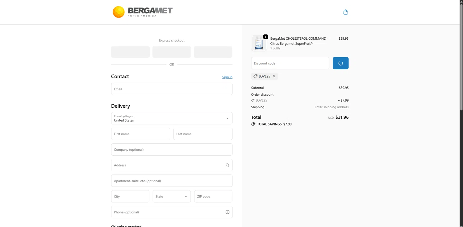 BergaMet North America checkout page showing BergaMet North America promo code box | Screenshot taken by SimplyCodes community member on Jan 7, 2026